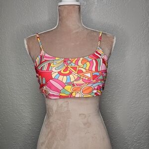 Retro Y2K Psychedelic Print Bikini Top Festival Swimwear Boho Colorful Size L
